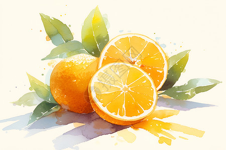 橙子叶子素材柑橘水彩画插画