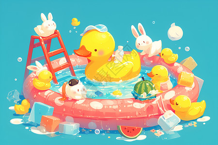 黄小玉西瓜泳池中玩耍的动物插画