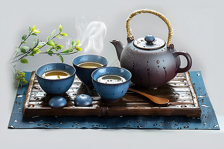 陶瓷茶杯双手托盘上的茶具插画