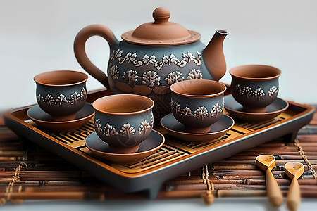 粗陶茶具一组陶茶具背景