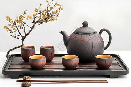 木盘上的精致茶具背景图片