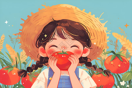 稻草帽少女吃着番茄插画