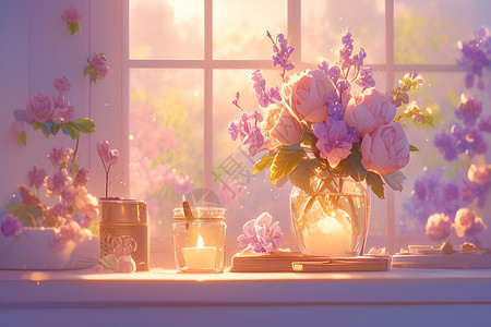 书桌窗台温暖光影下的花束插画