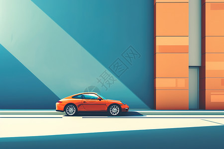 红车素材建筑前的汽车插画