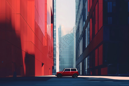 建筑红红车穿梭高楼之间插画