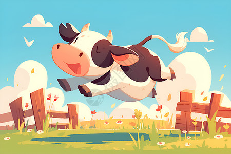 牧场围栏欢快的牛儿越过围栏插画