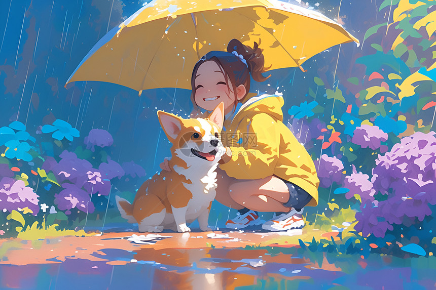 雨伞下的少女与狗图片