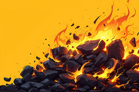 火山岩背景石堆中的烈焰插画