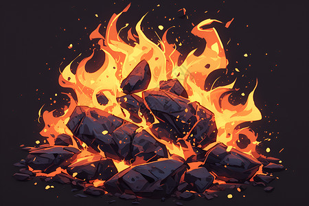 火山岩背景火焰与火山岩插画