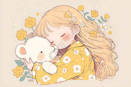熊抱女孩抱着玩具熊入睡插画