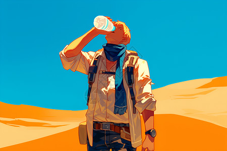 大瓶矿泉水沙漠中解渴的男子插画