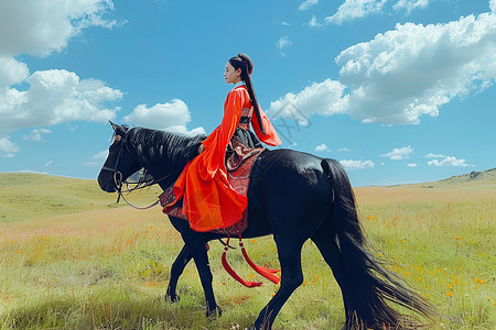 草原上的中国姑娘骑马高清图片