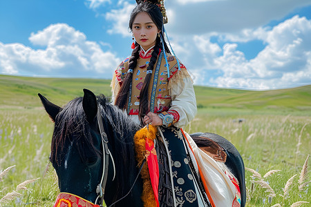 草原上的蒙古传统服饰少女高清图片