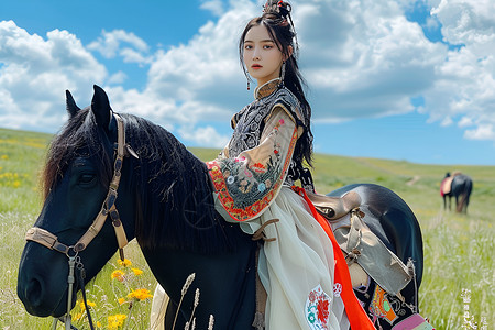 草原上骑着马的中国姑娘高清图片