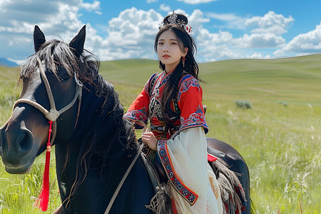 草原上的蒙古少女背景图片