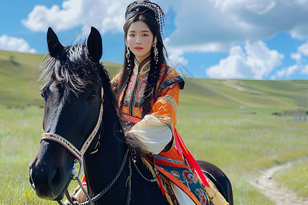 骑大雁的女孩草原美人骑着黑马背景