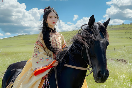 蒙古骑马草地上的蒙古美少女和黑马背景