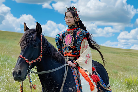 红衣美少女草原上的传统蒙古美少女背景