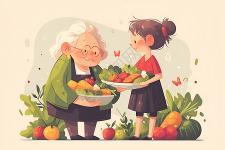 卡通老奶奶亲情分享美食插画