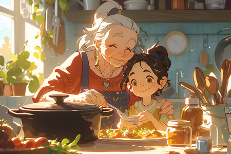 奶奶与孙女共享美食插画