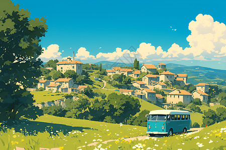 英国小镇穿越小镇的巴士插画