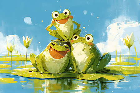 卡通池塘素材三只绿色的青蛙插画