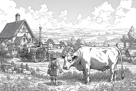 牛线稿乡村牧场的静谧画面插画