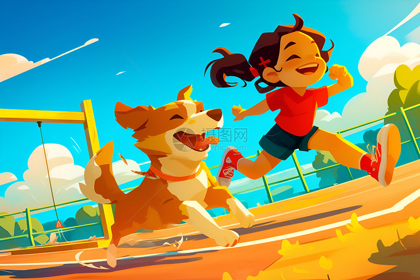女孩与小狗在校园奔跑图片