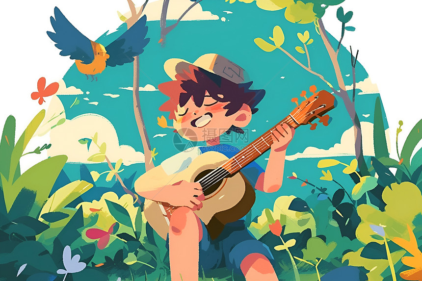 男孩在花草丛中弹奏吉图片