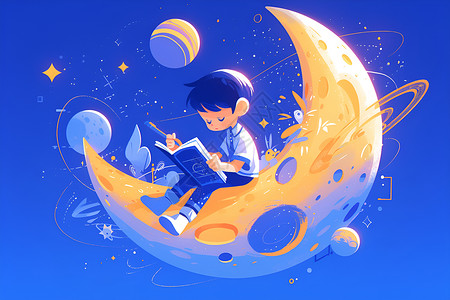 男孩坐在月亮上看书背景图片