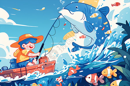 卡通渔夫冒险中的小渔夫插画