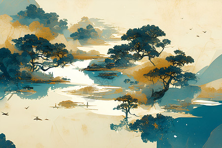 河流两边的树木背景图片