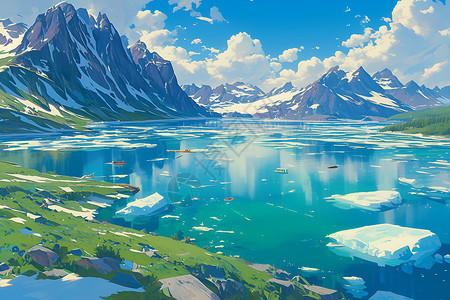 冰块湖泊雪山下的冰川插画