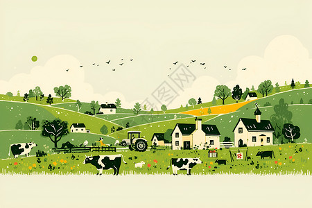 共享农庄宁静乡村的奶牛群插画