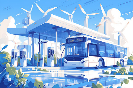 城市巴士现代科技与电动公交车插画