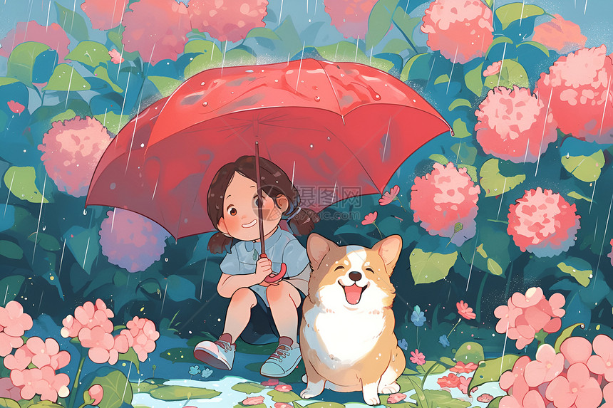 小女孩和小狗在下雨天里图片