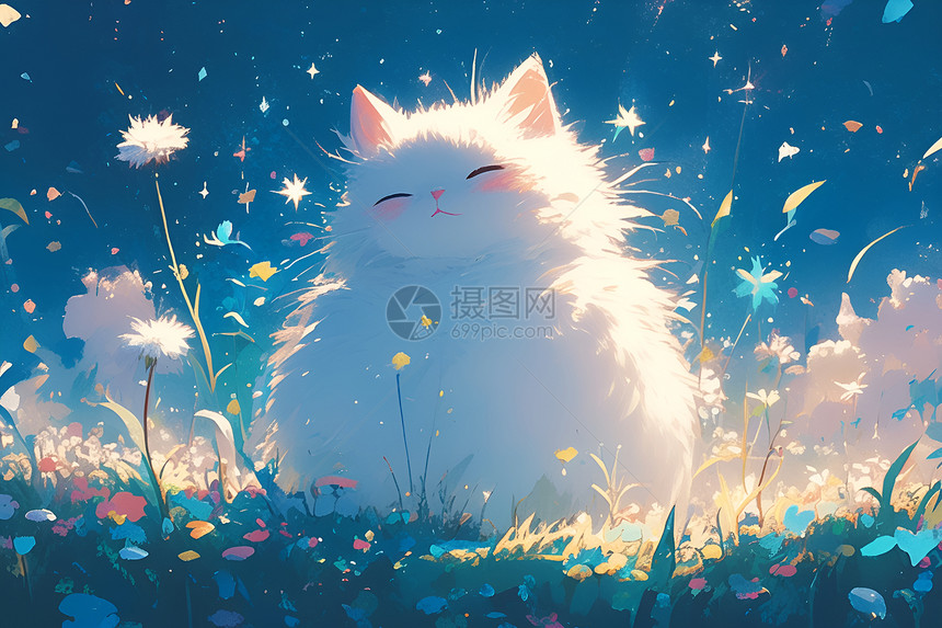 猫咪坐在草地上凝望星空图片