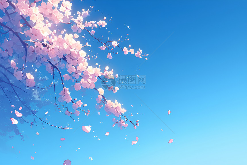 蔚蓝天空中的粉红樱花树图片