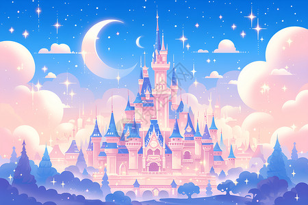 卡通迪士尼城堡星空下的粉色城堡插画