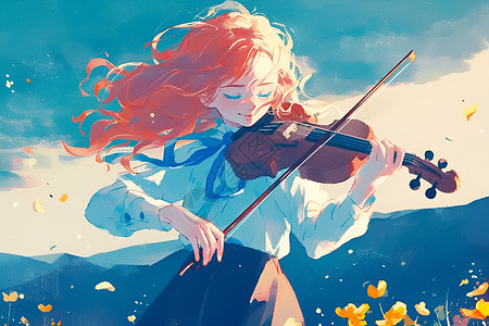 花海中的小提琴手插画