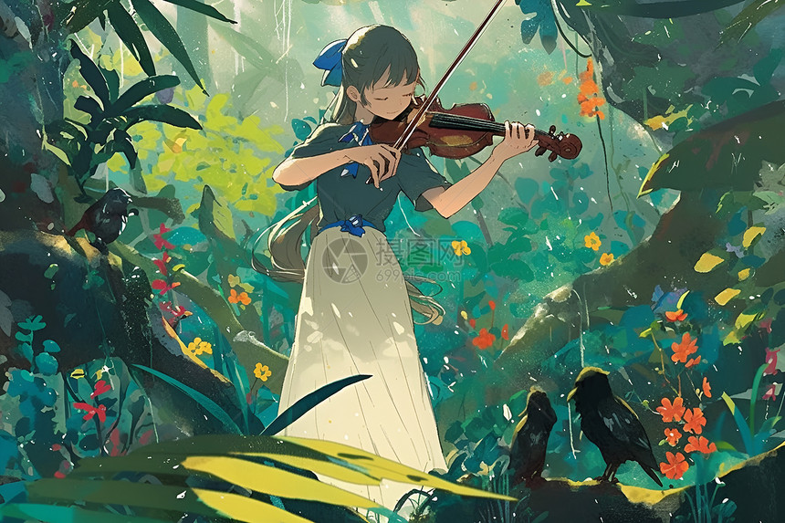 森林里拉小提琴的女人图片