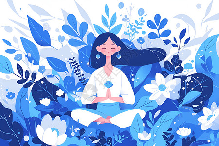 静坐瑜伽宁静树丛里静坐的女人插画