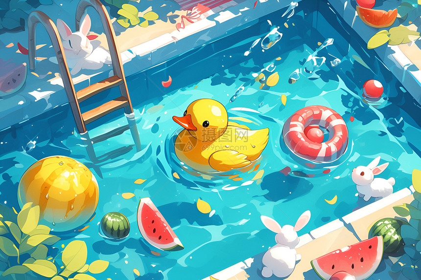 泳池里的鸭子和西瓜图片