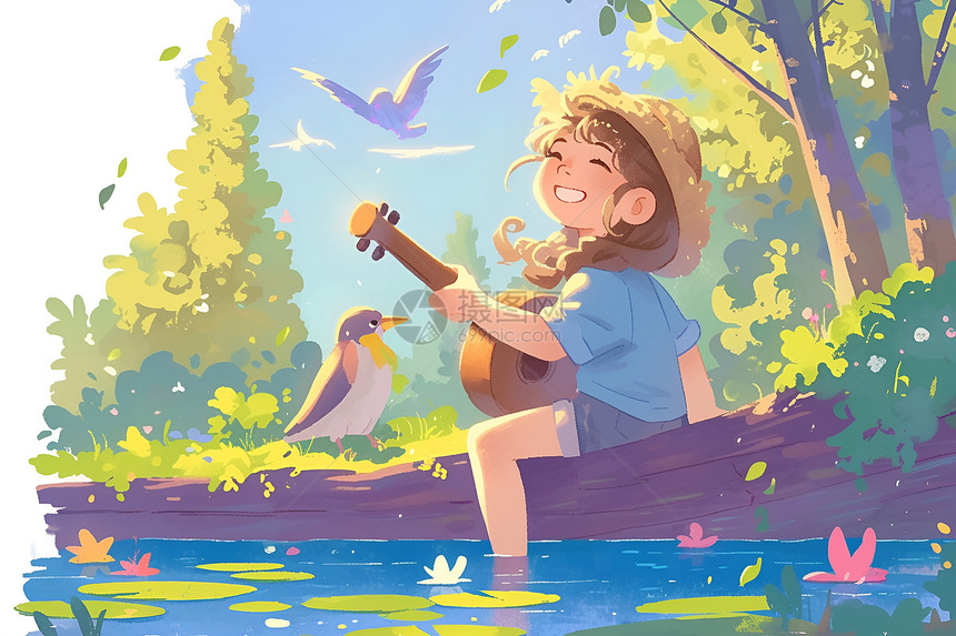 池塘边的吉他女孩图片