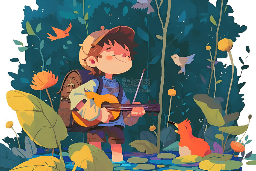 树丛里的吉他男孩图片
