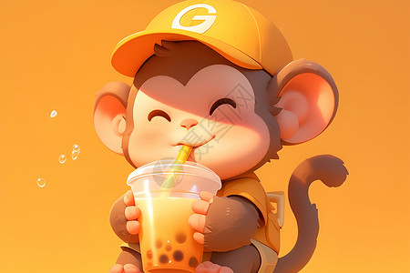 欢快的猴子品味奶茶插画
