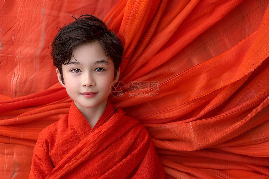 红色的布料遮挡的男孩图片