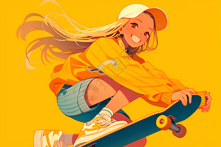 孩子在奔跑少女在滑板上自信微笑插画
