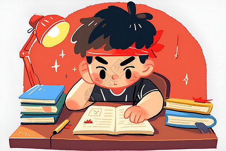 男孩在书堆中学习沉浸在学习中的男孩插画