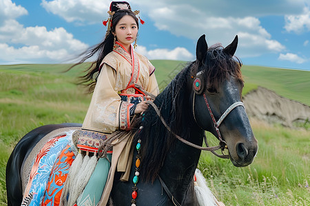 蒙古少女与黑马背景图片